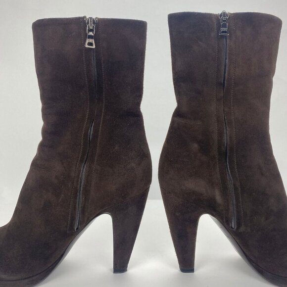 PRADA Chocolate Brown Suede Platform Heeled Mid Calf Boots Size 8 - Picture 5 of 10